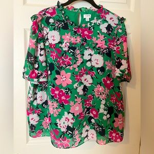 J. Crew Green and Pink Floral Blouse